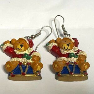 Christmas Holiday Santa Bears on Drums Dangle Drop Earrings French Wire 1"x1.25"